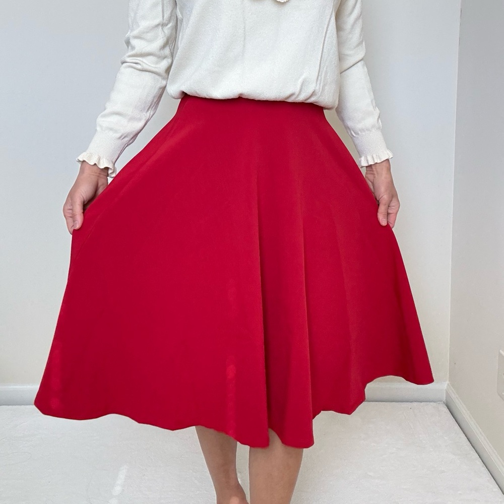 Steady Clothing High Waist Pin-up Office Lady Red Swing Circle Midi Skirt